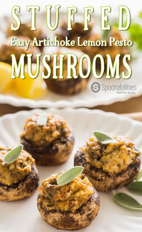 Easy Artichoke Pesto Stuffed Mushrooms | Appetizer | Spoonabilities