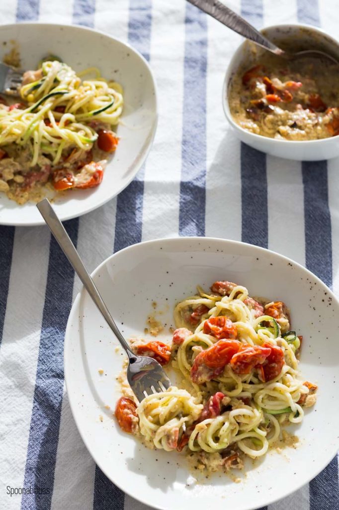 Zucchini Noodles with Artichoke Pesto & Roasted Cherry Tomatoes