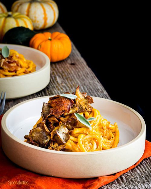 Pumpkin Pasta Sauce with Pici Pasta & Crispy Mushrooms - Spoonabilities