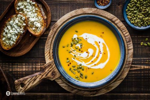 Roasted Butternut Squash Soup with Feta Honey Toasts