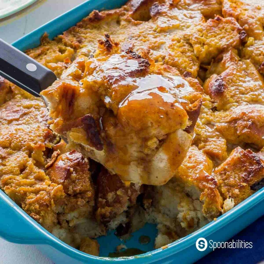 Pumpkin Bread Pudding With Caramel Sauce | Cinnamon Maple Syrup